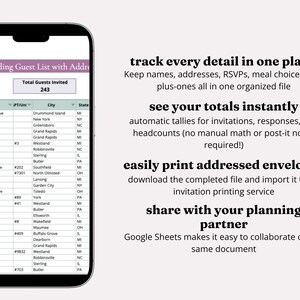 Slide advertising the main benefits of purchasing the Wedding Guest List Manager, including that it allows you to track all details related to your guests in one place, see guest list totals instantly, send to an invitation printing service, and share with a wedding planner or partner.