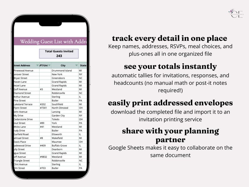 Slide advertising the main benefits of purchasing the Wedding Guest List Manager, including that it allows you to track all details related to your guests in one place, see guest list totals instantly, send to an invitation printing service, and share with a wedding planner or partner.