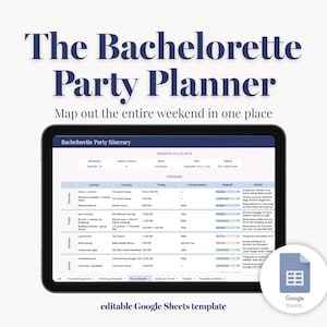 May include: A digital Bachelorette Party Planner template displayed on a tablet screen. The document features a Bachelorette Party Itinerary with columns for activity, location, timing, transportation, and details. Includes a Google Sheets icon.