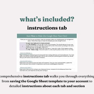 Slide advertising that the product includes detailed instructions on how to save the template to your own Google account and instructions on how to navigate each tab of the template. Slide also features a screenshot of the guidance provided in the template.
