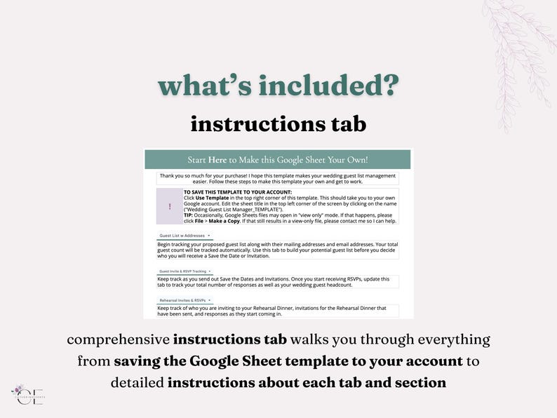 Slide advertising that the product includes detailed instructions on how to save the template to your own Google account and instructions on how to navigate each tab of the template. Slide also features a screenshot of the guidance provided in the template.
