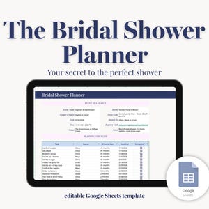Könnte beinhalten: Ein digitales Tablet mit dem Bridal Shower Planner, einer bearbeitbaren Google Sheets-Vorlage. Der Bildschirm zeigt eine Veranstaltungsübersicht mit Feldern für Name, Thema und Datum sowie eine detaillierte Aufgabenliste.