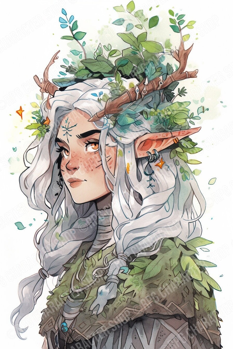 Female Elf Druid | Watercolor Character Portrait - Etsy