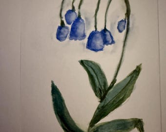 May include: Watercolor painting of a Nightshade flower. The artwork features blue bell-shaped flowers hanging from curved stems, with green leaves. The word "Nightshade" is written in cursive at the bottom.