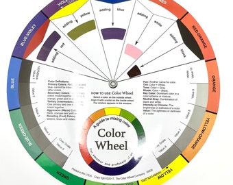 May include: A color wheel guide for mixing colors, with a circular chart showing primary, secondary, and tertiary colors. The chart includes color names, value scales, and instructions on how to use the wheel.