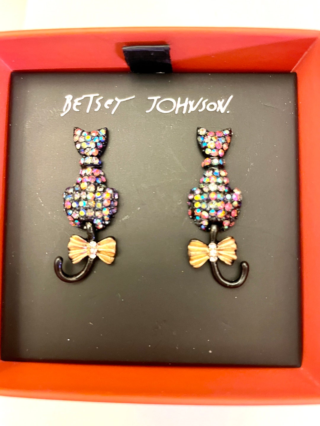 Betsey Johnson Cat Earrings: Rainbow Crystal Whimsical Jewelry