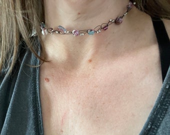 Crochet Wire Necklace with Silver and Purple Beads