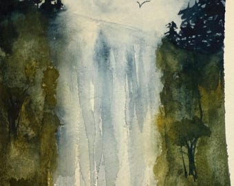 May include: Watercolor painting of a waterfall cascading down a cliff face. The artwork features a palette of blues, greens, and grays, with silhouetted trees and three birds in flight. The style is soft and atmospheric.