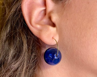 Cobalt  Blue, Sage Green, and Clear Hand Blown Glass Orb Hoop Earrings- Silver or Gold Hoops available