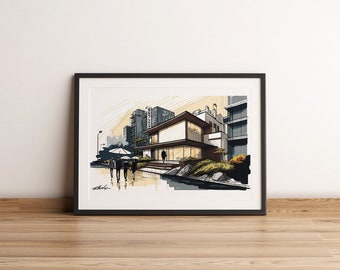 Digital Art Download, Japanese Art, Architectural Drawing, Tokyo, Japan Printable Wall Art, Digital Download, Office Decor