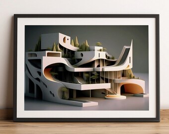 Modern Architecture Digital Art, Architectural Model, Printable Wall Art, Artwork, Wall Decor, Digital Download, Office Decor