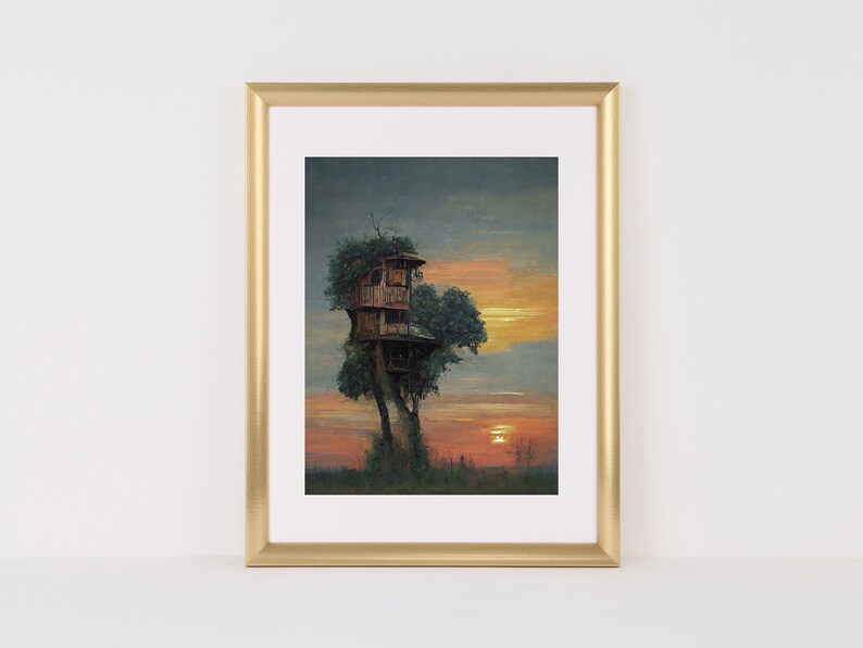 Printable Tree House Art Vintage Wall Art Oil Painting Etsy
