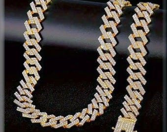 Men's Iced Out Cuban Link Chain Necklace Bracelet Set