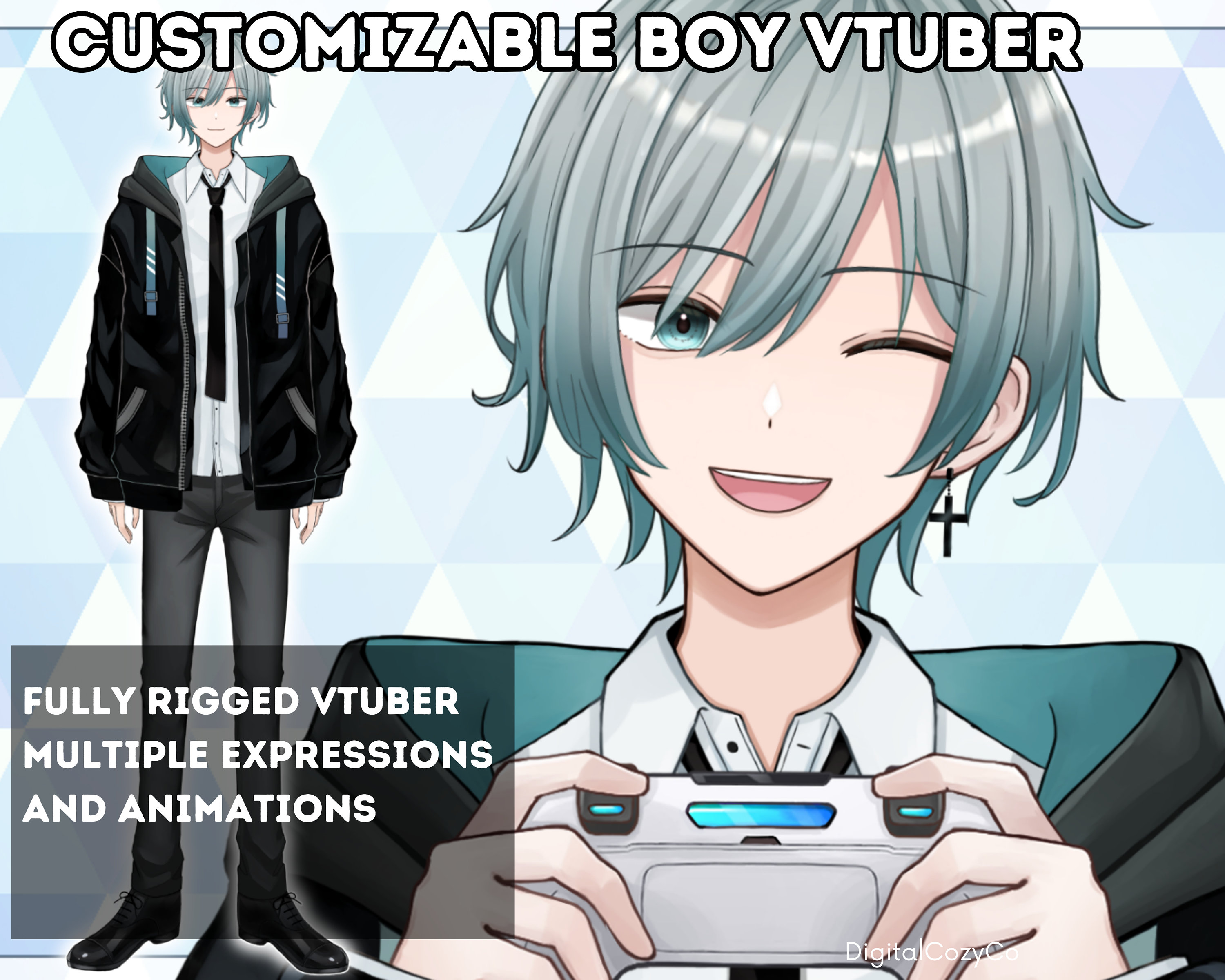 Customizable Boy Vtuber | Premade | 15 expressions, costumes, accessories, 11 animations | Vtube Studio, nizimaLive | Ready to use