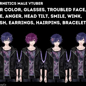 May include: Four digital avatars of a male VTuber with different expressions. The avatars have blue or purple hair, glasses, and are wearing a black jacket with a purple and grey camouflage pattern. The text "CYBERNETICS" is printed on the jacket.