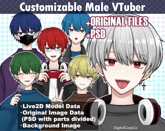 Customizable Male Vtuber ORIGINAL DATA + PSD | Hair color, eye color, clothing, expression, animation toggles | Vtube Studio, nizimaLive |