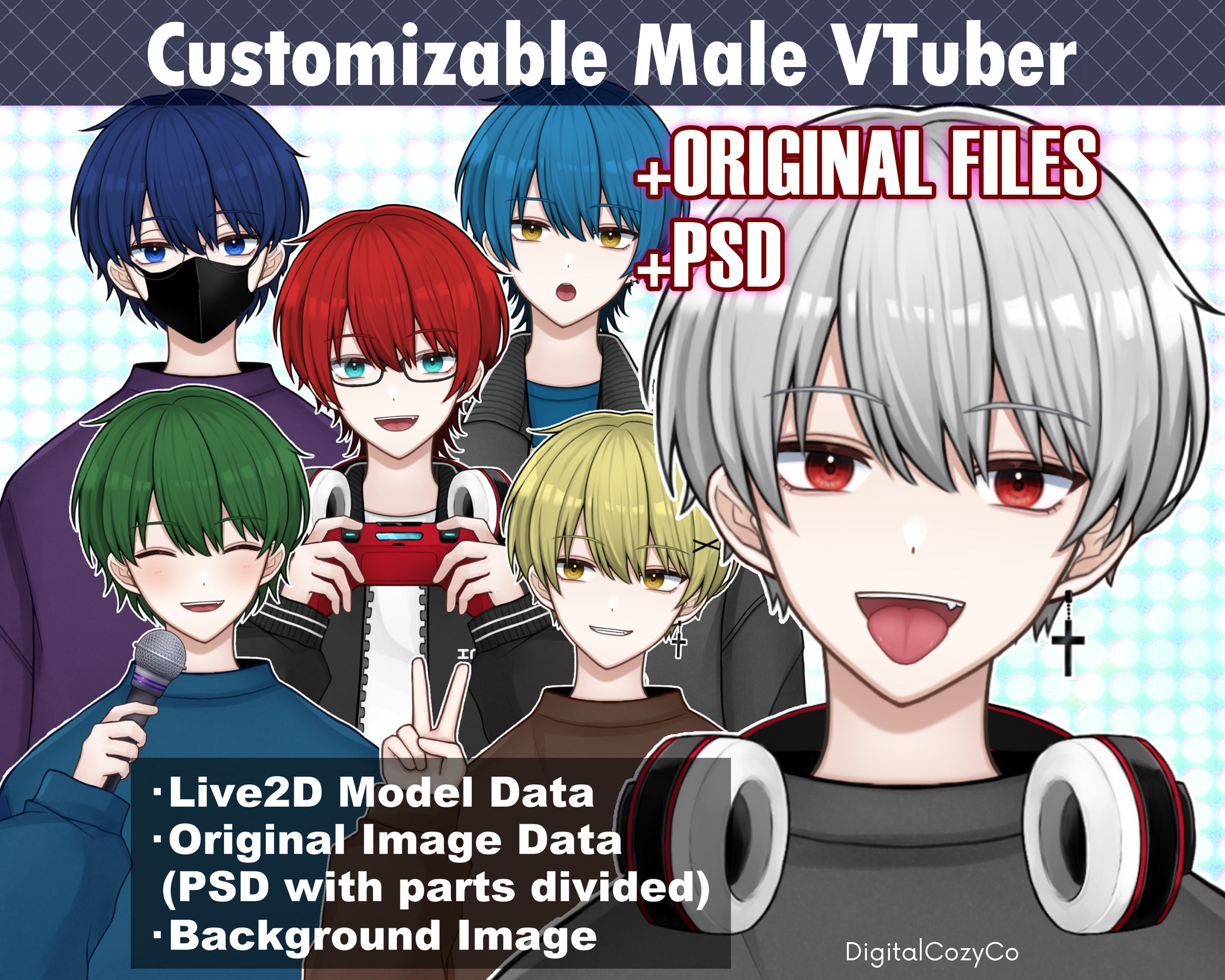 Customizable Male Vtuber ORIGINAL DATA + PSD | Hair color, eye color, clothing, expression, animation toggles | Vtube Studio, nizimaLive |