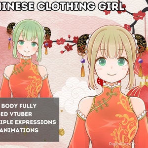 May include: Illustration of a cartoon girl with green hair wearing a red Chinese dress with gold accents. The girl has a happy expression and is looking at the viewer. The background is a pink and white floral pattern.