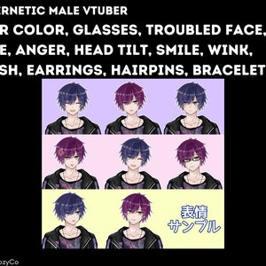 May include: A digital illustration of a male avatar with different hairstyles, hair colours, and facial expressions. The avatar is wearing a black jacket with a white shirt underneath. The text "表情サンプル" is visible in the bottom right corner of the image.