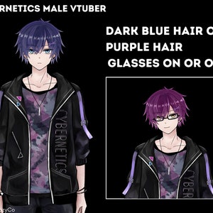May include: Illustration of a male anime character with dark blue hair and a black jacket with purple accents. The character is wearing a black shirt with a camouflage pattern and a silver necklace. The text "CYBERNETICS" is printed on the jacket. The character has a choice of either dark blue or purple hair and can be depicted with or without glasses.