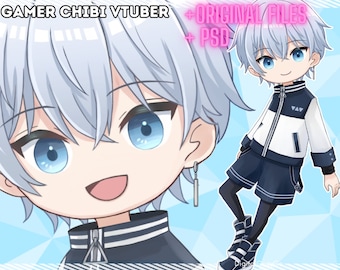 Gamer Chibi Vtuber Model | ORIGINAL DATA + PSD | 5 Expressions, Glasses Earring Toggle, Animations | VtubeStudio, nizimaLIVE | Ready to use