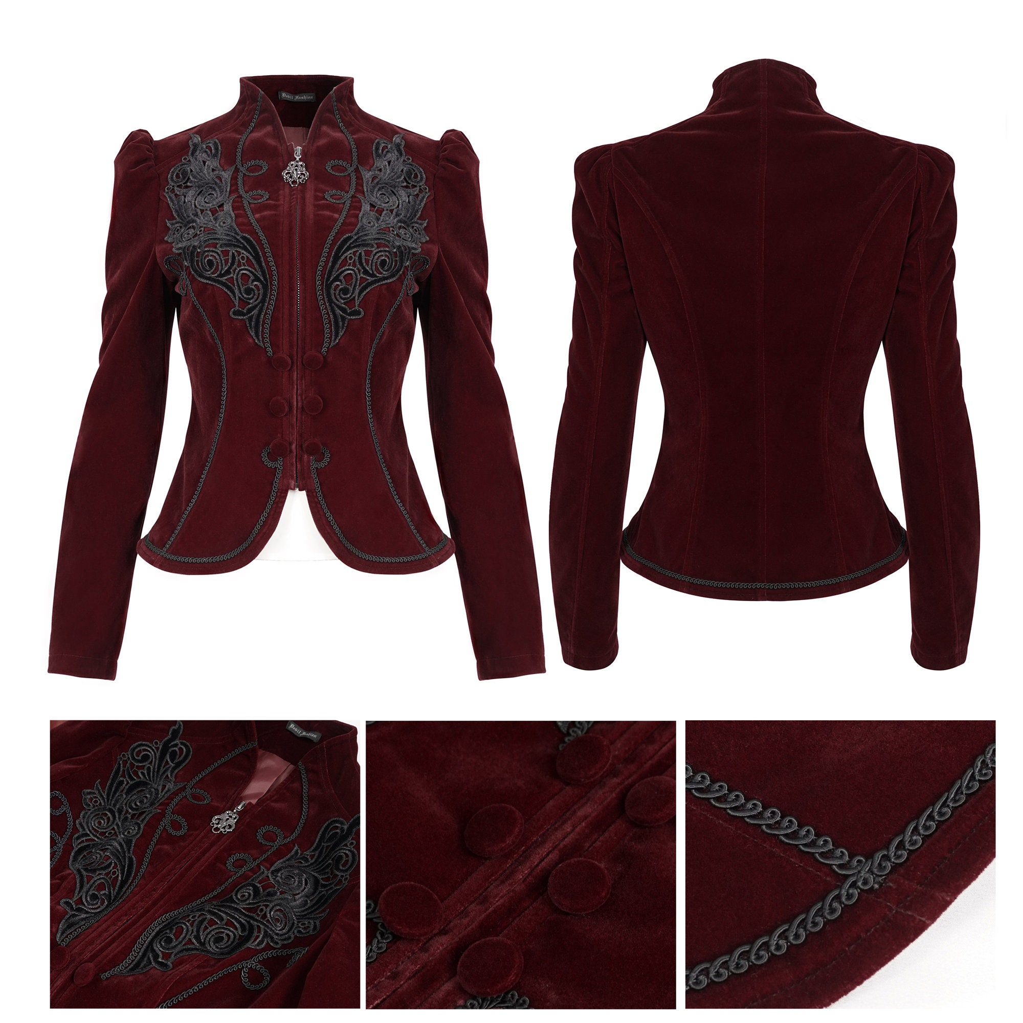 Women's Victorian Gothic Short Jacket, Velvet Zipup Jacket, Vampire