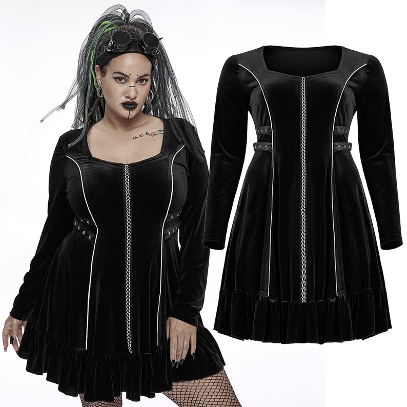 Women's Plus Size Goth Chain Long Sleep Velvet Dress Etsy