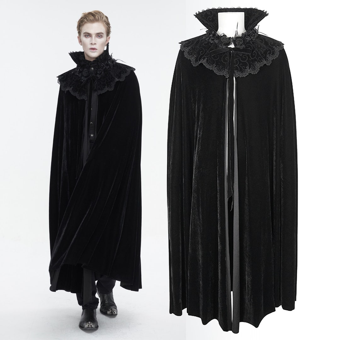 Gothic Vampire Stand Collar Lace Trimmed Velvet Long Cape Etsy