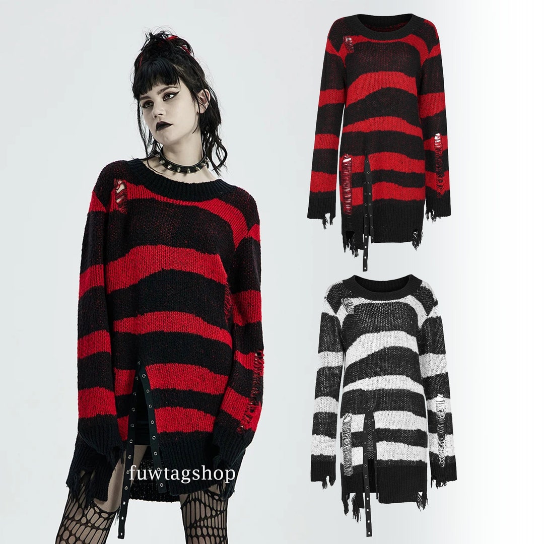 Goth Asymmetrical Knitted Long Sleeves Ragged Stripe Pullover Etsy
