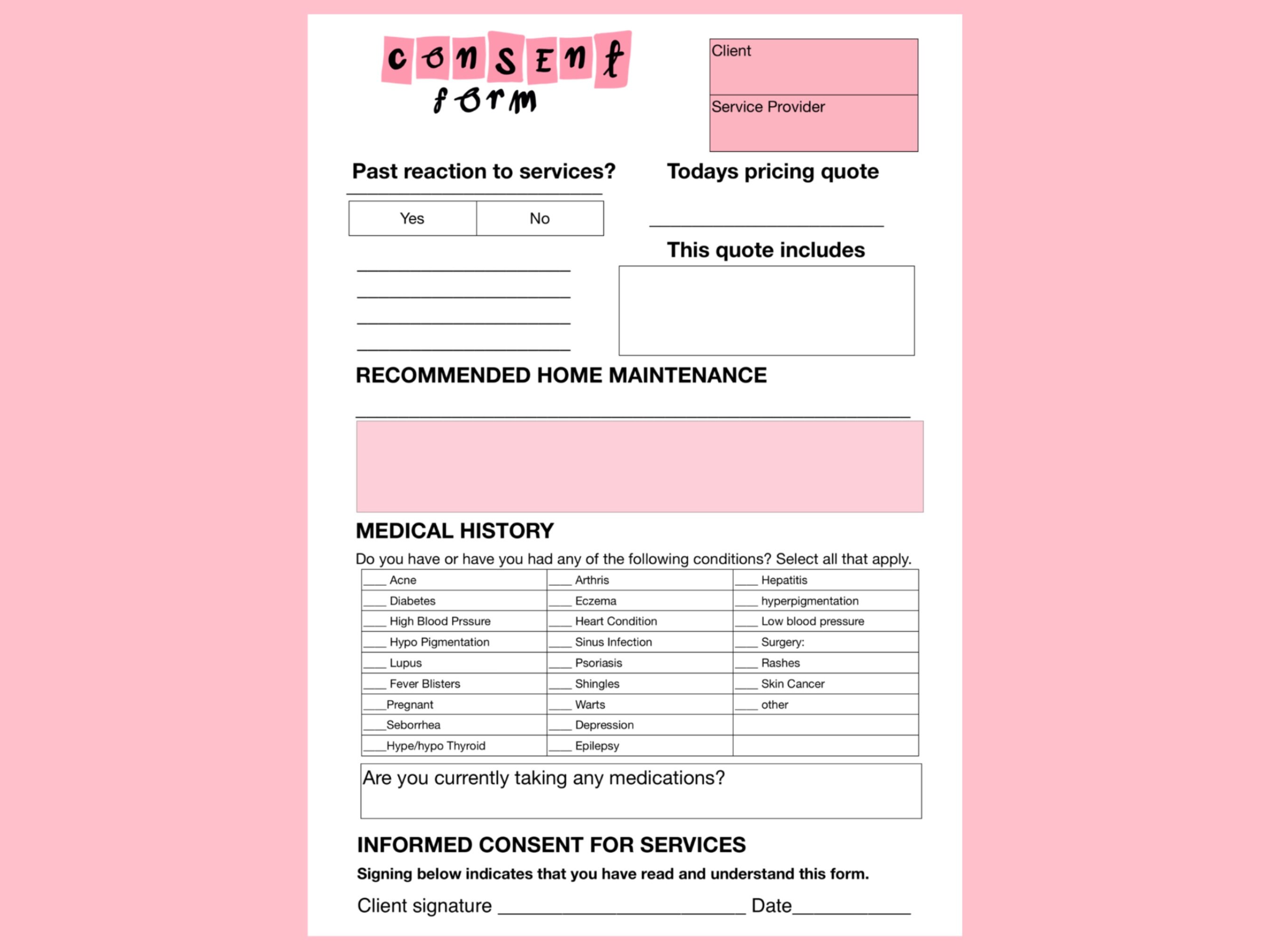 QuestionnaireConsent Esthetician Template Printable QuestionnaireConsent Esthetician Template Printable