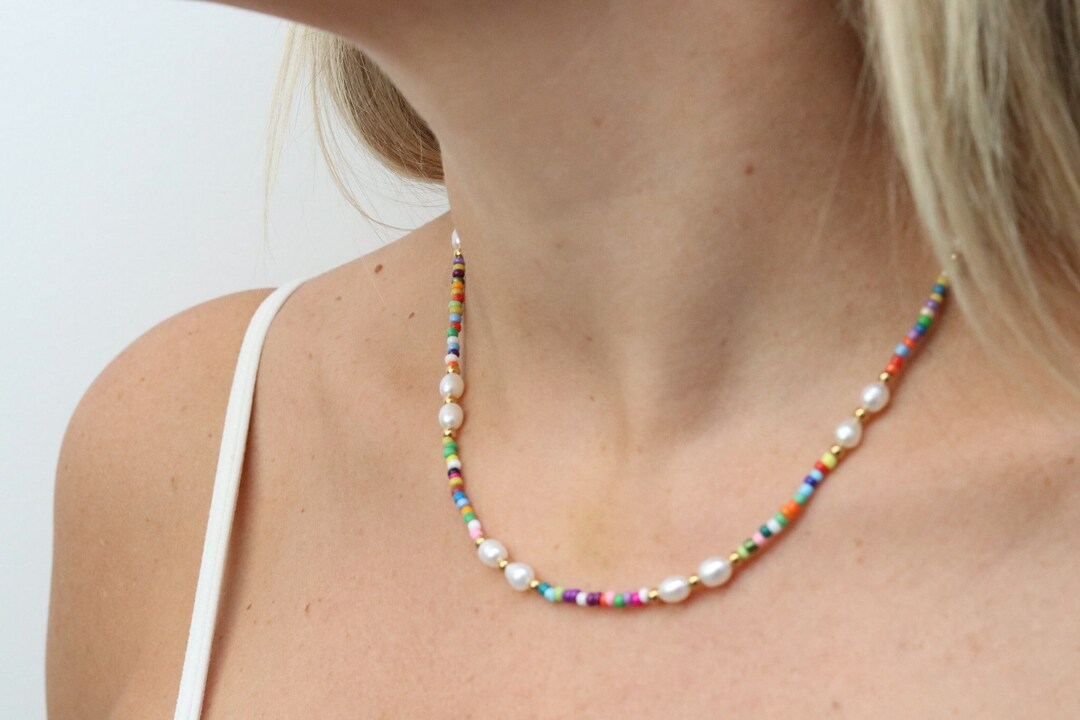 ☆【VINTAGE HOLLYWOOD】☆Rainbow Beads n Pearl Necklac.e☆ Good Vibes Rainbow Pearl Necklace ,7 raw chakra stones