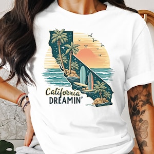 T-shirt California Dreamin, chemise palmier Sunset Beach, chemise Californie surf, chemise Californie vintage, t-shirt coucher de soleil tropical
