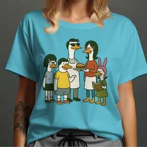 Camiseta con estampado de la familia de gansos de dibujos animados, diseño de animal peculiar, homenaje a los fans de Bob's Burgers, adorable camiseta estilo cómic, Silly Goose