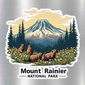 Könnte beinhalten: Ein Aufkleber mit einer Illustration des Mount Rainier National Park. Das Design zeigt einen Berg, Bäume und Murmeltiere in einem Blumenfeld. Der Text "Mount Rainier NATIONAL PARK" befindet sich unten.