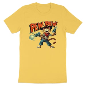 Funny Cowboy Cat Pew Pew Shirt, Cartoon Cat with Toy Guns Tee, Cute Cat Lover Graphic T-Shirt, Quirky Cat Art Apparel