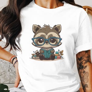 Cute Raccoon Reading Books T Shirt, Adorable Animal Book Lover Tee, Cartoon Raccoon Glasses T Shirt, Kids Reading Club Shirt
