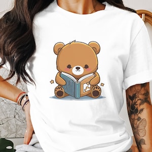 Joli livre de lecture avec un ours en peluche, illustration d'ours en dessin animé, adorable chemise pour enfants, t-shirt Heure du conte pour enfants, haut graphique amusant, cadeau pour les lecteurs