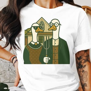 Camiseta divertida de parodia de ganso, estampado de ganso gótico americano, camiseta con arte animal humorístico, ropa de dibujos animados extravagantes, camiseta de regalo única, estilo granja
