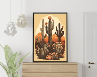 Saguaro Cactus Wall Art Digital Print Illustration Living Room Neutral Colors Eclectic Boho Decor Instant Download cacti