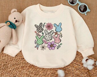 Cute Easter Bunny Baby Romper, Boho Flowers Baby Bodysuit, Bubble Romper Baby Girl, Happy Easter Baby Clothes, Newborn Outfits Baby Girl