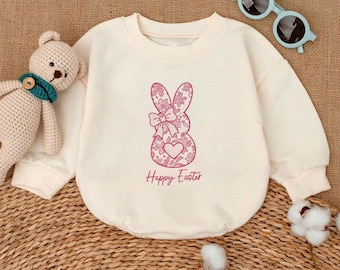 Happy Easter Baby Outfit, Lace Coquette Bunny Baby Clothes, Bubble Romper Baby Girl, Spring Season Baby Bodysuit, Baby Shower Gift