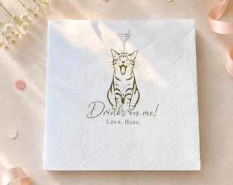 Personalized Cat Wedding Napkins, Drinks on Me Napkins, Martini Cat Party Napkins, Pet Wedding Event Decor, Rehearsal Dinner or Reception