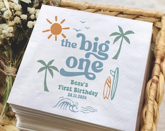 Personalized Surf First Birthday Napkins, The Big One Birthday Napkins, Beach Birthday Party Decor, Summer Ocean Wave Napkins