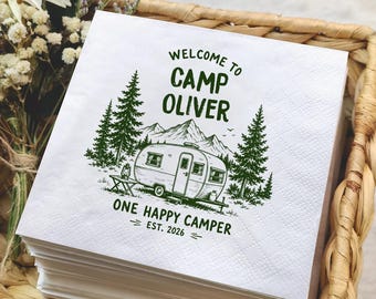 Camping Birthday Napkins, One Happy Camper Napkins, Personalized Woodland 1st Birthday Napkins, Outdoor Adventure Camp Theme Party Decor,