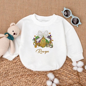 Mardi Gras Baby Romper, King Cake Baby Bodysuit, Coquette Bow Baby Shower, Bubble Romper Baby Girl, Newborn Baby Clothes, Cute Baby Gift