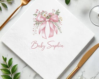 Personalized Pink Coquette Ribbon Bow Napkin, Floral Bow Baby Shower Napkin, Birthday Napkin, Party Napkin Decor