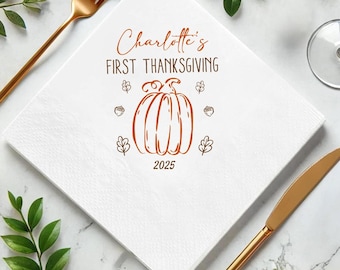 Personalized First Thanksgiving Pumpkin Baby Shower Napkin, Fall Pumpkin Birthday Napkin Decor, Fall Thanksgiving Party