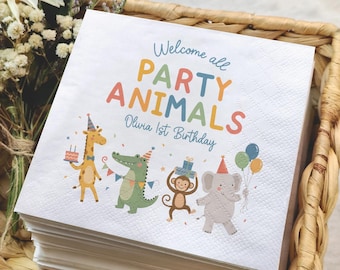 Custom Party Animals Napkins, 1st Birthday Safari Napkins, Zoo Animal Birthday Party Decor, Kids Party Napkins