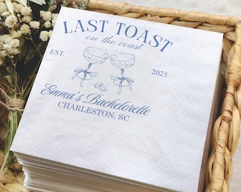 Custom Last Toast On The Coast Napkins, Personalized Beach Bachelorette Napkins, Coastal Bachelorette Party Decor, Custom Cocktail Napkins