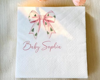 Christmas Bow Pink Napkin, Personalised Christmas Baby Shower Napkin, Xmas Party Napkin Decor